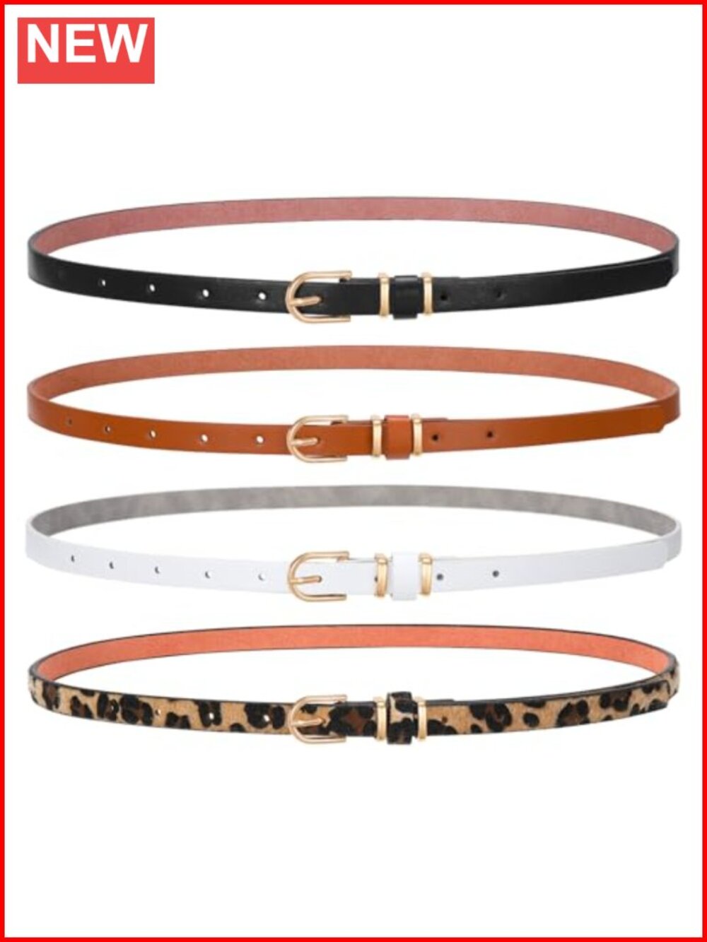 4 Pack Women Thin Skinny Belts Faux Leather Gold Alloy Buckle Jeans Dress